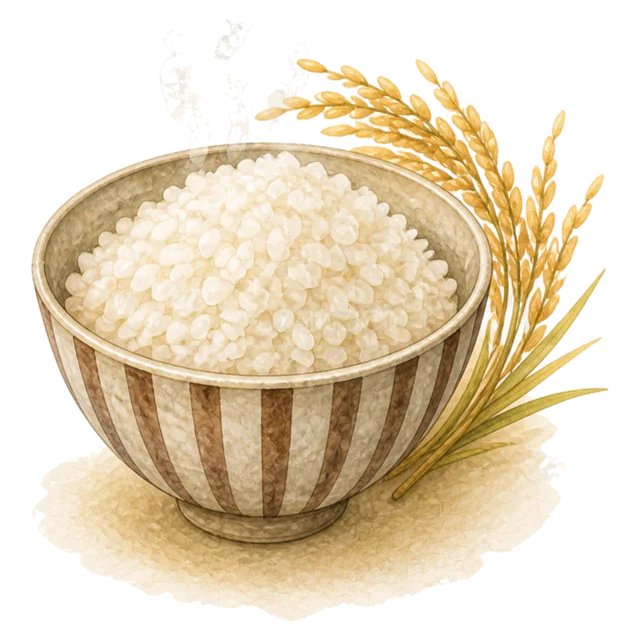 新米のご飯を盛った茶碗と稲穂の秋の味覚イラスト（背景透過PNG）