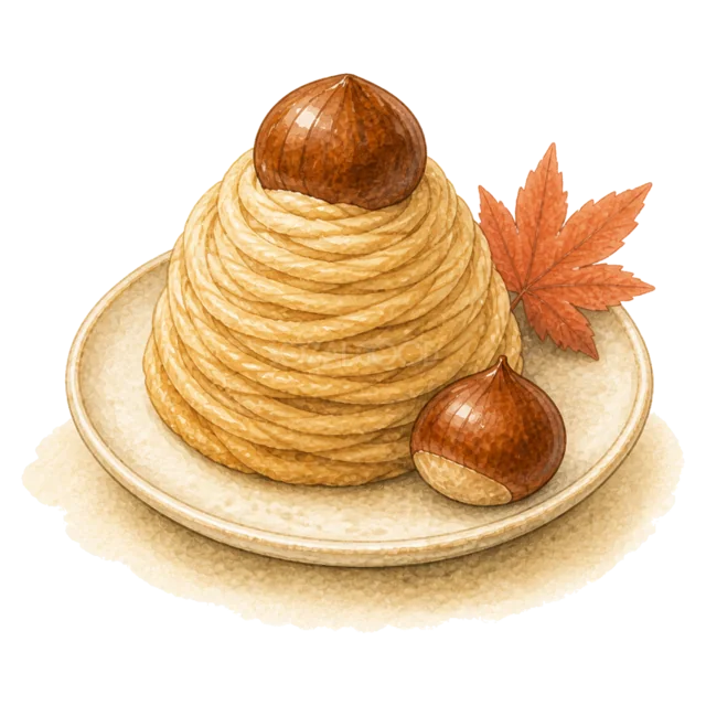 栗をのせたモンブランケーキと紅葉の水彩風イラスト（背景透過PNG）