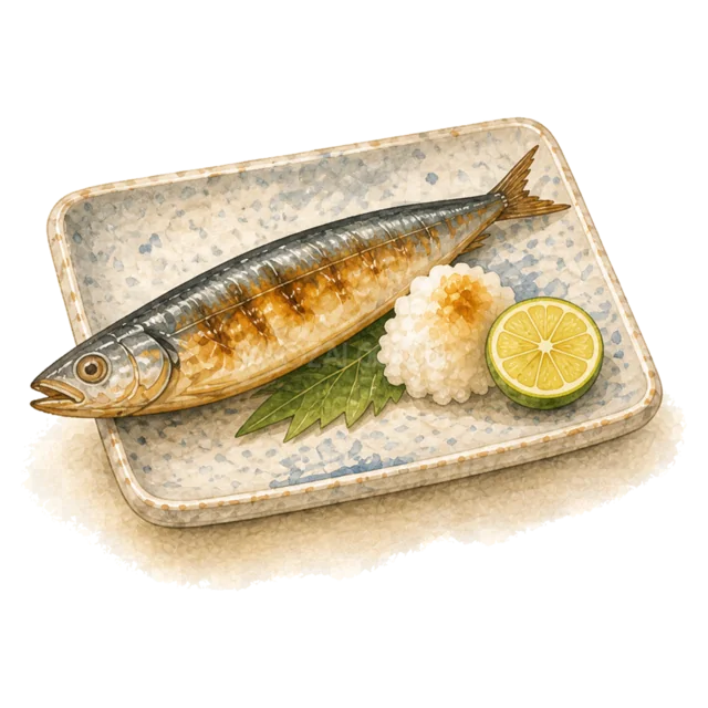 焼いた秋刀魚を大根おろしとすだちで盛り付けた秋の味覚イラスト（背景透過PNG）
