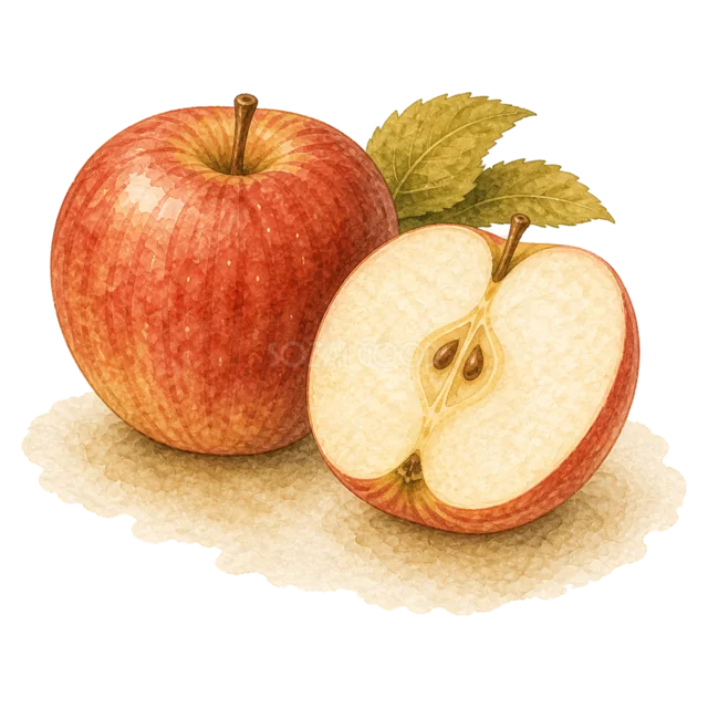赤いりんごの丸ごとと半分を描いた秋の果物イラスト（背景透過PNG）