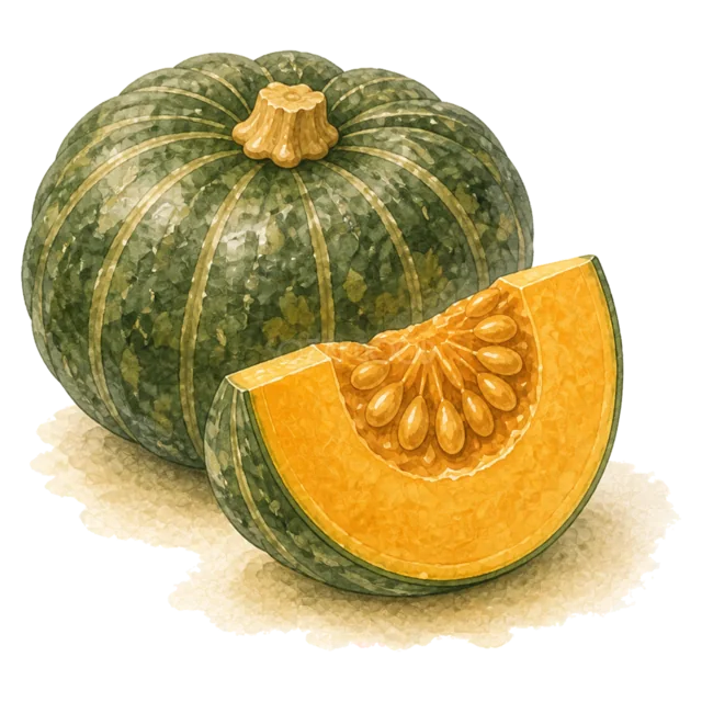 丸ごとと一切れの緑色のかぼちゃを描いた秋の味覚イラスト（背景透過PNG）