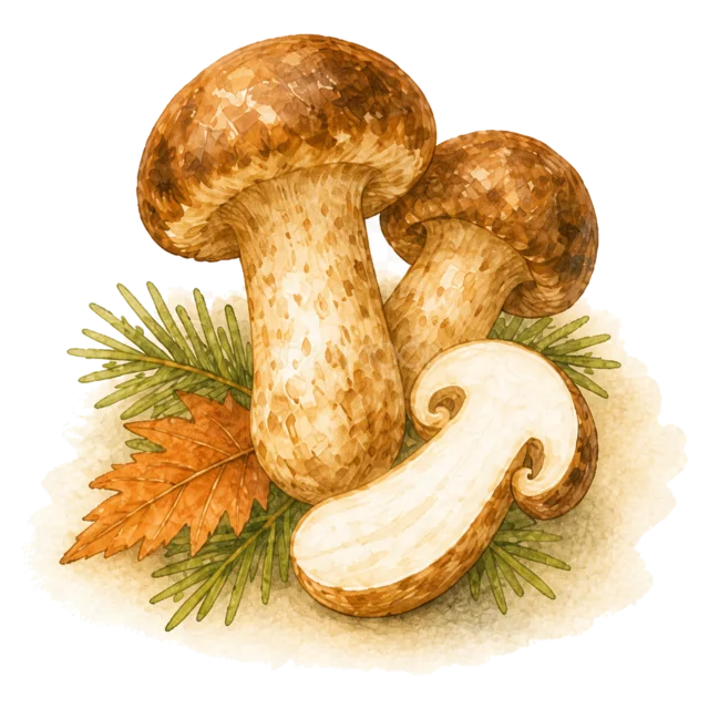 松茸と切り口・紅葉を組み合わせた秋の味覚イラスト（背景透過PNG）