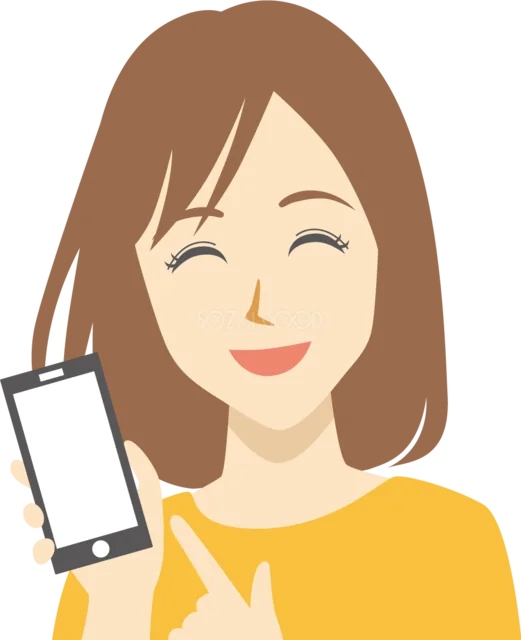 スマートフォンの画面を見せる女性（背景透過PNG）
