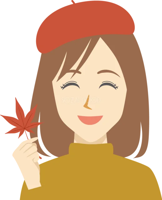 赤いベレー帽で紅葉を持つ秋の女性（背景透過PNG）