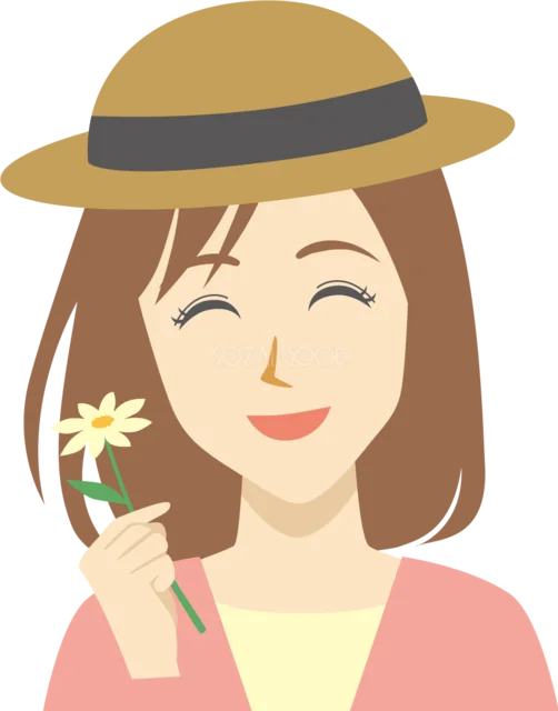 麦わら帽子で白い花を持つ春夏の女性（背景透過PNG）