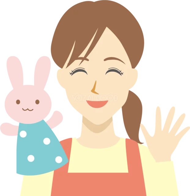 うさぎのパペットと手を振る保育士の女性（背景透過PNG）
