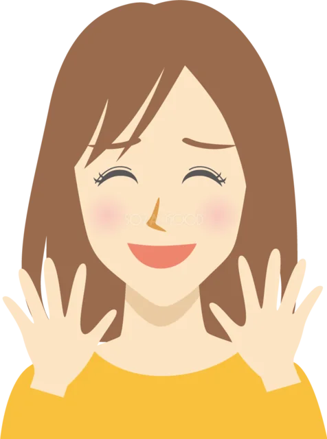 頬を赤らめて両手を上げる笑顔の女性（背景透過PNG）
