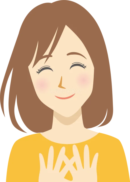 両手を胸に当てて微笑む女性（背景透過PNG）