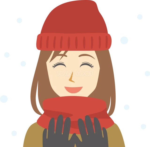 赤い帽子とマフラーで冬支度をした女性（背景透過PNG）