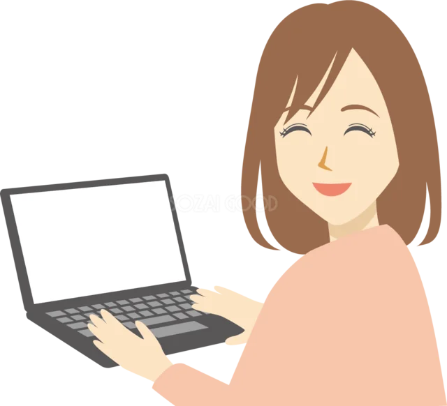 ノートパソコンを操作する笑顔の女性（背景透過PNG）