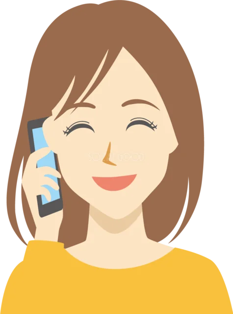 スマートフォンで電話する笑顔の女性（背景透過PNG）