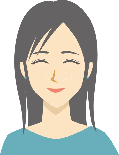 黒髪ロングで微笑む女性（背景透過PNG）