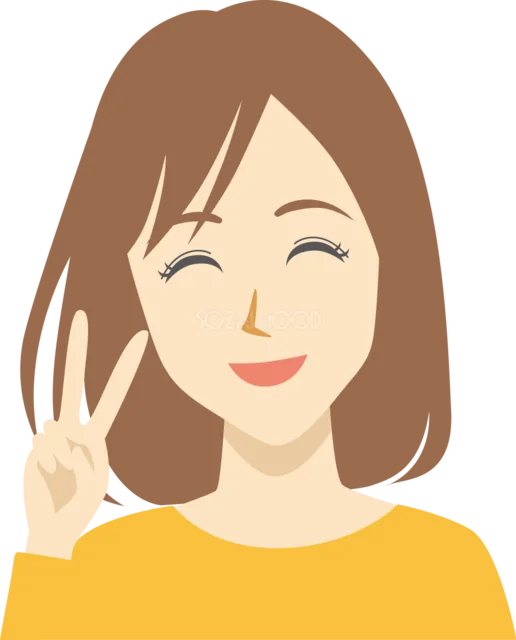 ピースサインをする笑顔の女性（背景透過PNG）