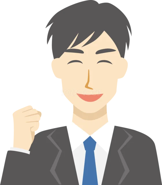 片手でガッツポーズをするスーツ姿の男性（背景透過PNG）