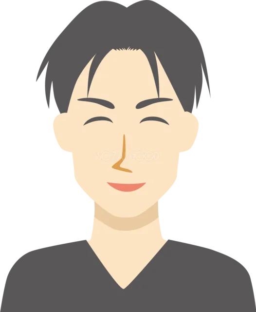 黒いVネックシャツで微笑む男性（背景透過PNG）