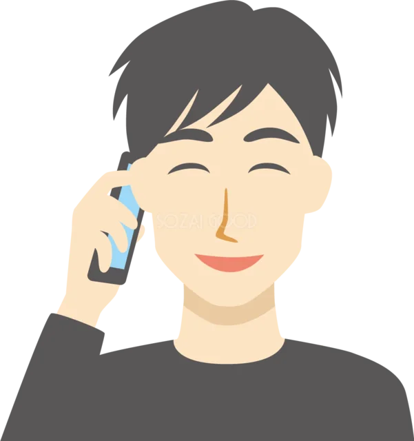 スマートフォンで電話する笑顔の男性（背景透過PNG）