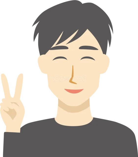 ピースサインをする笑顔の男性（背景透過PNG）