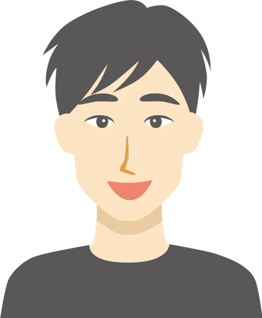 正面を向いて微笑む黒髪の男性（背景透過PNG）