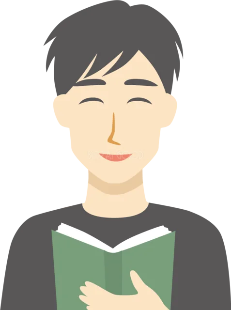緑の本を読んで微笑む男性（背景透過PNG）