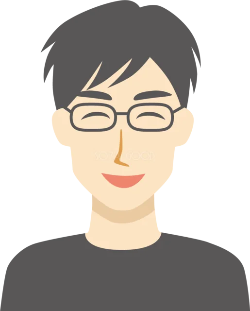 眼鏡をかけて笑う黒髪の男性（背景透過PNG）