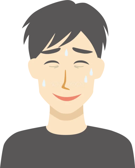 汗をかきながら困った顔で笑う男性（背景透過PNG）