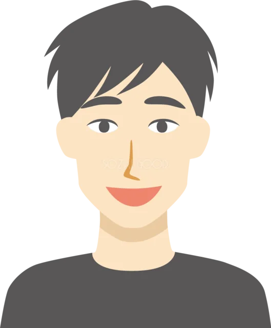 目を開けて明るく笑う男性（背景透過PNG）