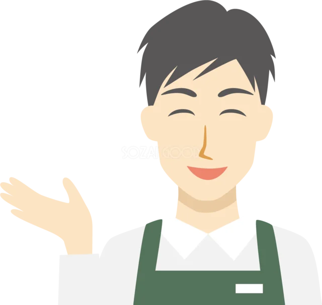 手のひらを上に向けて案内する店員男性（背景透過PNG）