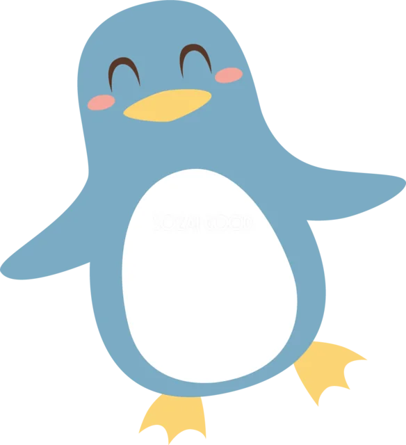 片手を上げて歩く青いペンギンのかわいい動物イラスト（背景透過PNG）