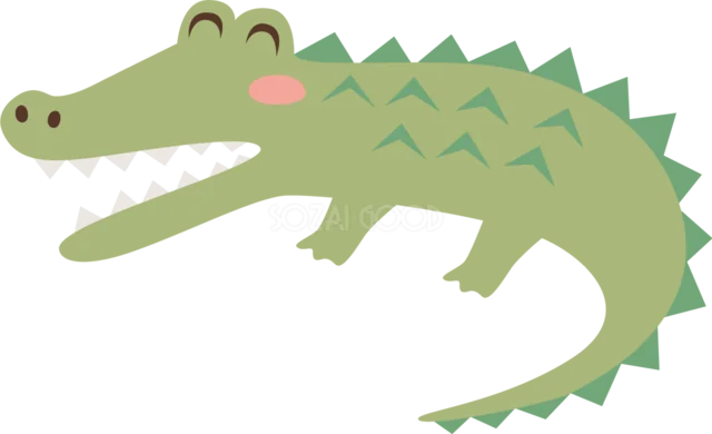 長い口を開けて笑う緑のワニのかわいい動物イラスト（背景透過PNG）