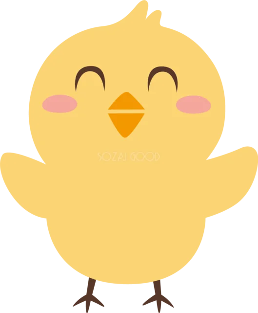 両方の羽を広げて笑う黄色いひよこのかわいい動物イラスト（背景透過PNG）