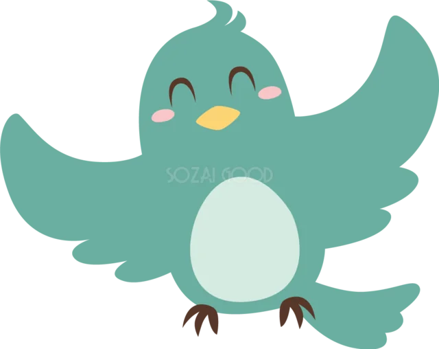 両方の羽を広げて笑う青緑の鳥イラスト（背景透過PNG）