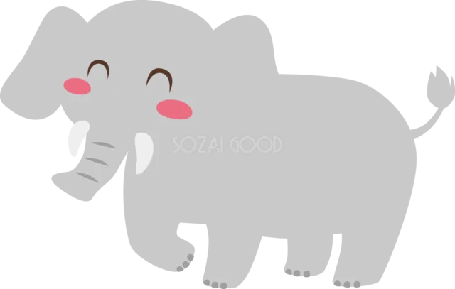 にっこり笑うグレーの象のかわいい動物イラスト（背景透過PNG）