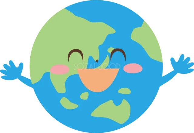 両手を広げて笑う地球のキャラクター（背景透過PNG）