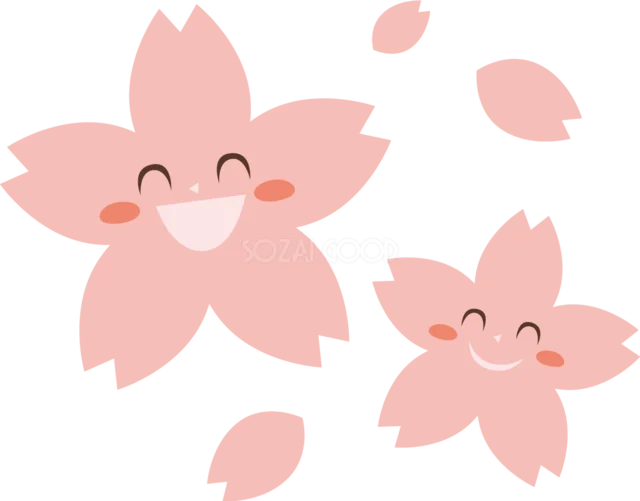笑顔の桜と舞い散る花びら（背景透過PNG）