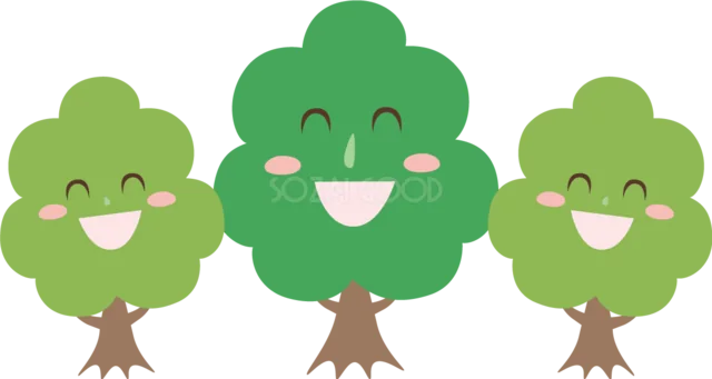 仲良く笑う緑の木3本のキャラクター（背景透過PNG）