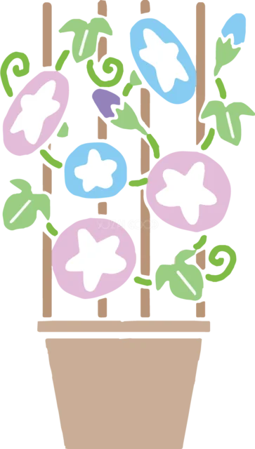 鉢植えの支柱につるが伸びるパステル朝顔イラスト（背景透過PNG）