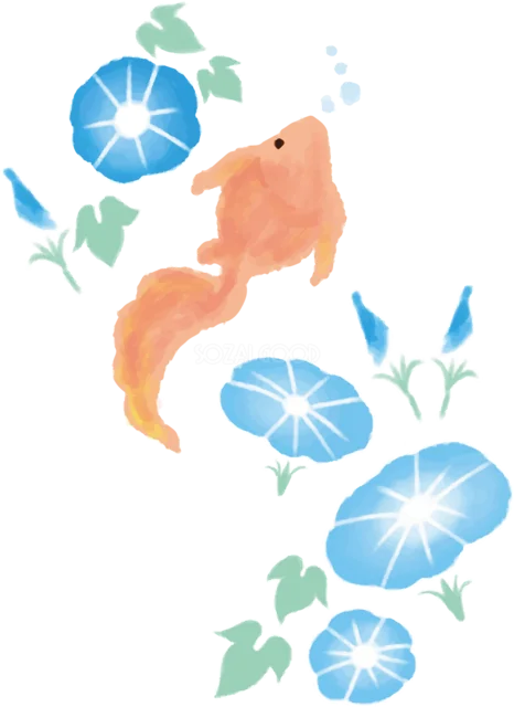金魚が泳ぐ青い朝顔のつる飾りイラスト（背景透過PNG）