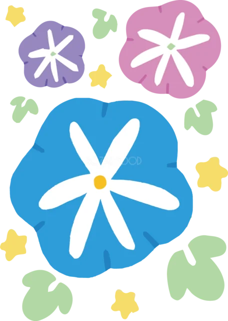 青・紫・ピンクの朝顔と黄色い小花のイラスト（背景透過PNG）