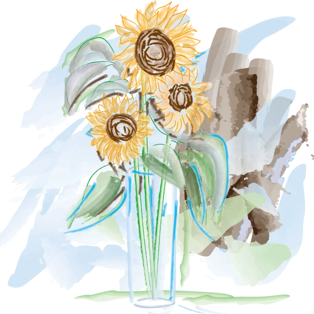 花瓶に生けたひまわりの水彩画風イラスト（背景透過PNG）