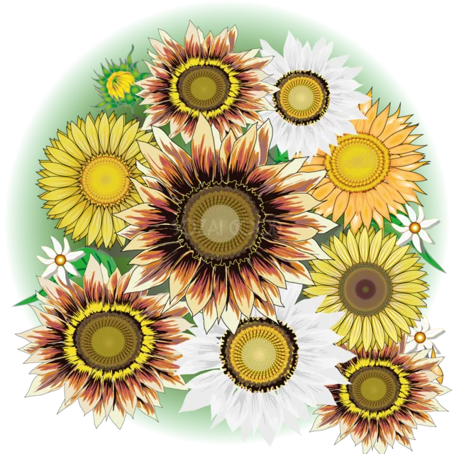 色とりどりのひまわりを集めた花束（背景透過PNG）