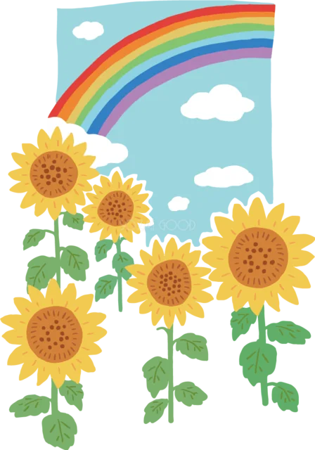 虹がかかる青空とひまわり畑の夏イラスト（背景透過PNG）