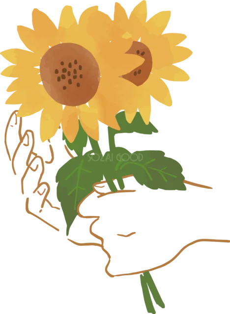 ひまわりの花束を抱える人物の夏イラスト（背景透過PNG）