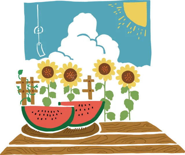 風鈴と入道雲・ひまわり畑・すいかを描いた夏の風景（背景透過PNG）
