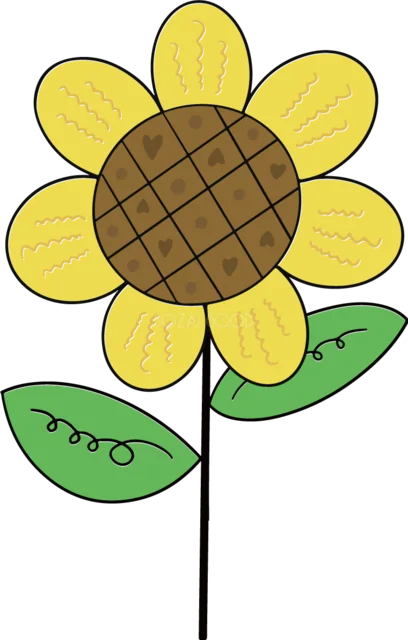 格子模様の花芯と葉があるひまわり（背景透過PNG）