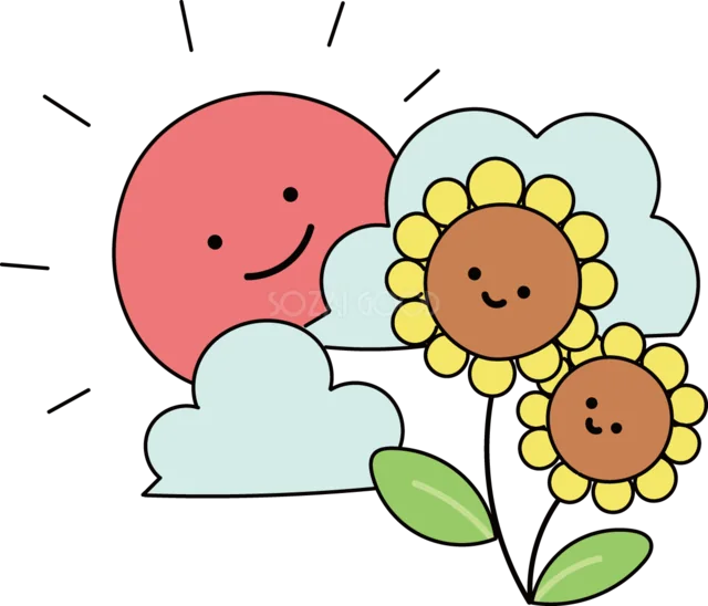 太陽と雲に囲まれた笑顔のひまわり2輪（背景透過PNG）