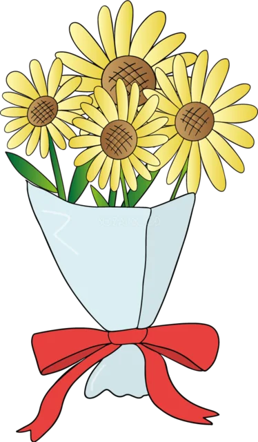赤いリボンで包んだひまわりの花束（背景透過PNG）