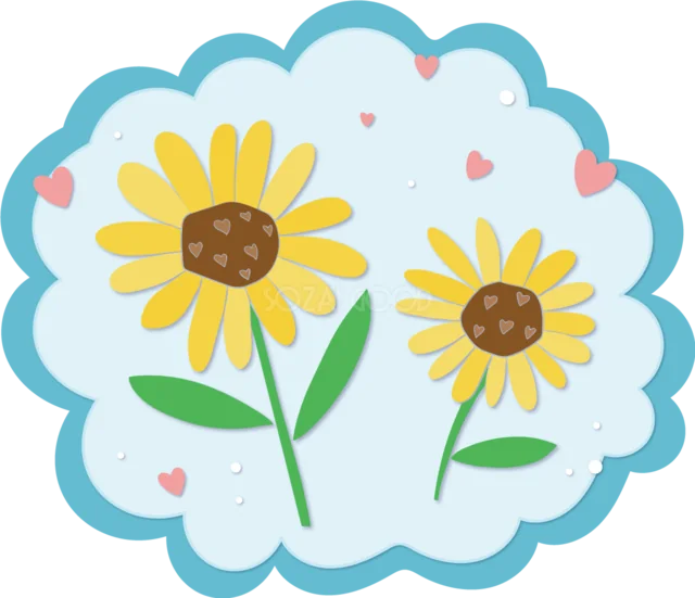 水色の雲形フレームに咲くひまわり2輪（背景透過PNG）