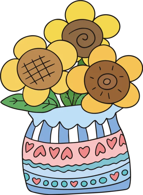 ハート柄の花瓶に生けたひまわり3輪（背景透過PNG）