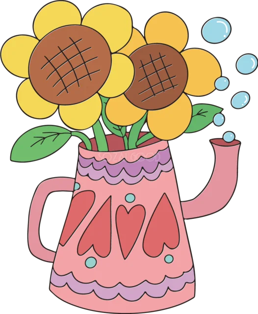 ピンクのじょうろに生けたひまわりの花束（背景透過PNG）