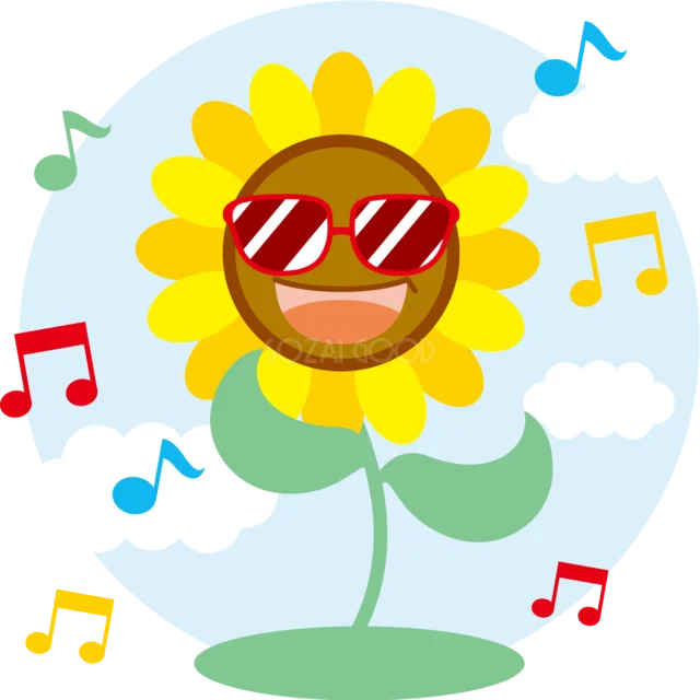 サングラスをかけて音楽を楽しむ笑顔のひまわりイラスト（背景透過PNG）